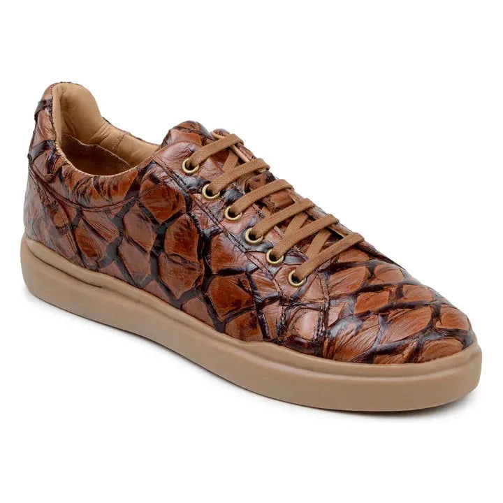 Belvedere Kingstone: Pirarucu-Leder-Sneaker – Antike Mandel, Meisterwerk am Fuß. Exklusive Schnürschuhe, Luxus pur.